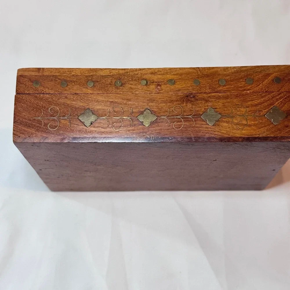 Vintage Wood Brass Inlay Jewelry Box Heart Boho Folk Art 7x5x2